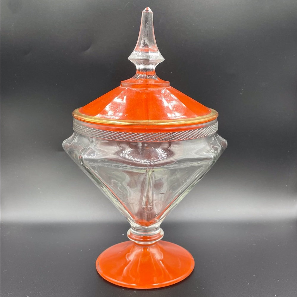 Mid Century Clear Glass Candy Dish w/Orange glass lid